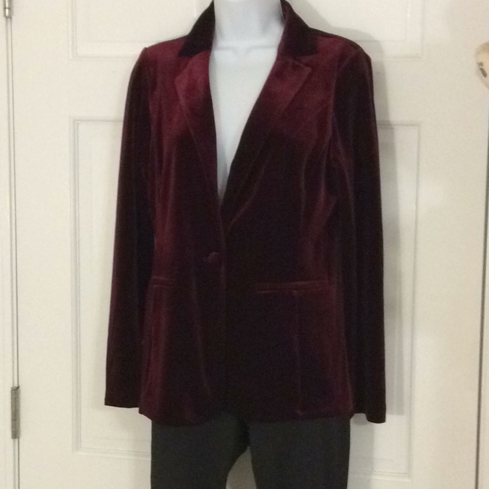 Burgundy velvet blazer.